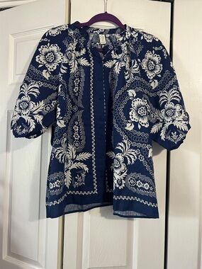 Joie Navy and White Floral Puff-Sleeve Blouse